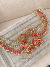 Mavika Jhumka Earrings with Ear chains - Coral - SOKORA JEWELSMavika Jhumka Earrings with Ear chains - Coral