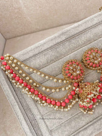 Mavika Jhumka Earrings with Ear chains - Coral - SOKORA JEWELSMavika Jhumka Earrings with Ear chains - Coral
