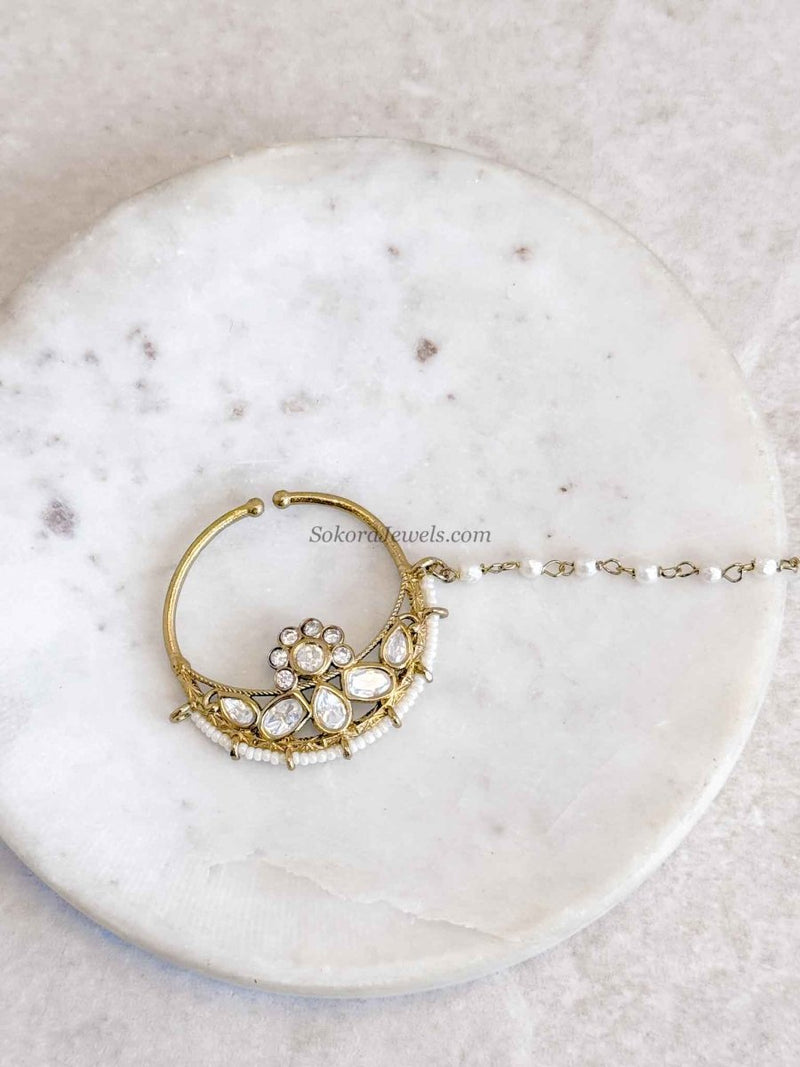 Medium Antique Gold & Kundan Nose Ring - SOKORA JEWELSMedium Antique Gold & Kundan Nose Ring