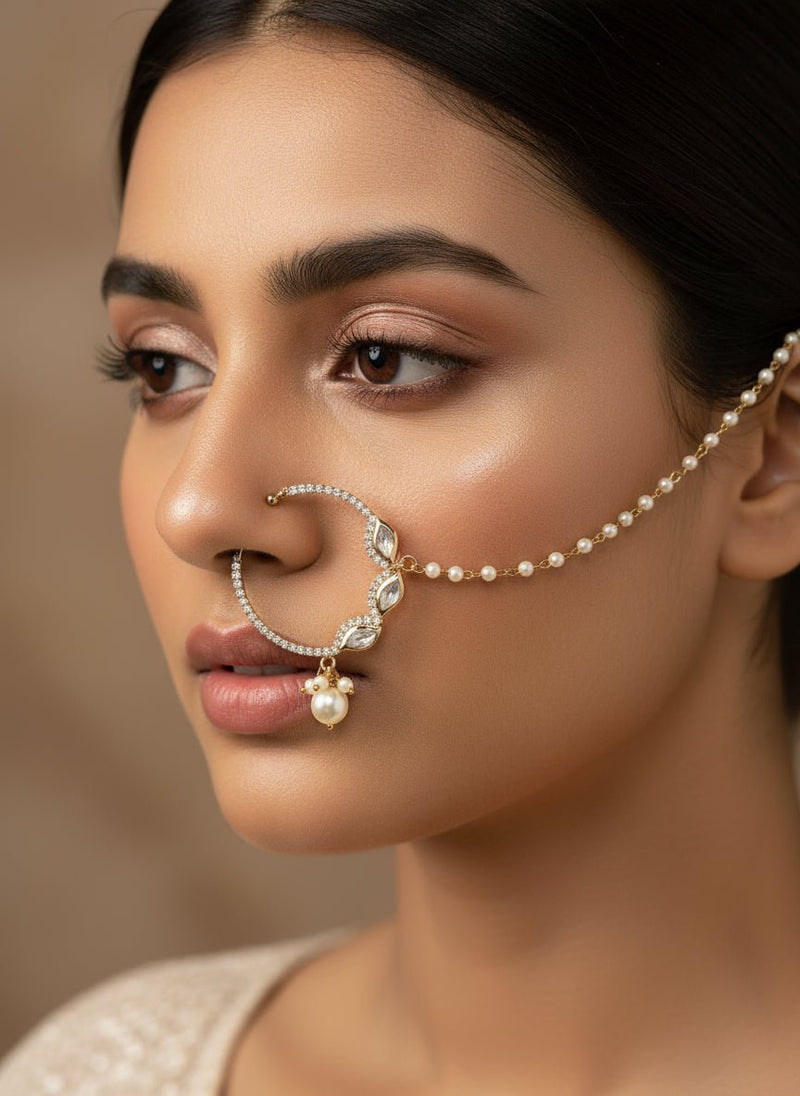 Medium Antique Gold & Kundan Nose Ring - Slide type - SOKORA JEWELSMedium Antique Gold & Kundan Nose Ring - Slide type