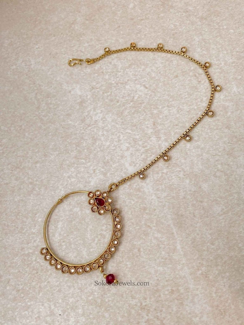 Medium Antique Gold Nose Ring - Slide Type - Maroon - SOKORA JEWELSMedium Antique Gold Nose Ring - Slide Type - Maroon