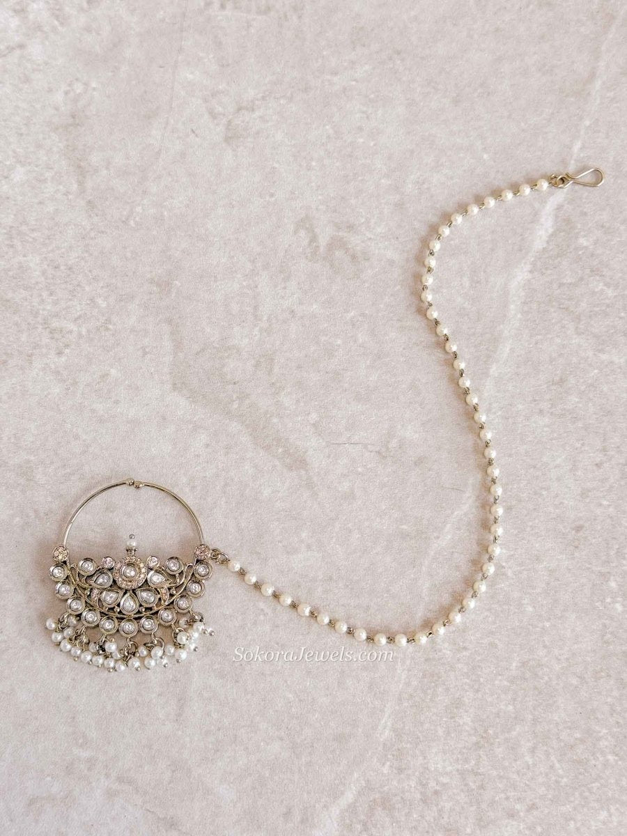 Medium Bridal Kundan Pearl Nath (Non - Pierced) - SOKORA JEWELSMedium Bridal Kundan Pearl Nath (Non - Pierced)