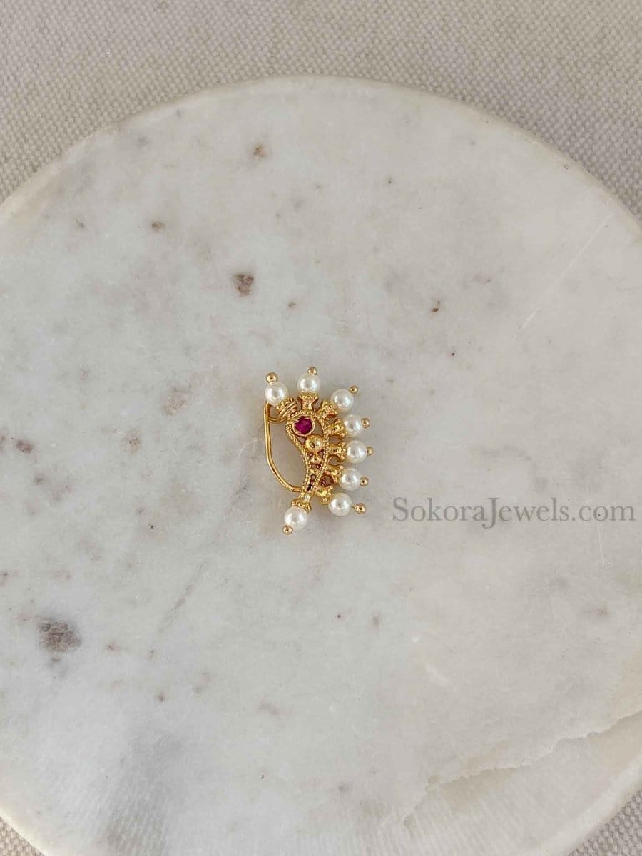 Medium Bright Gold Pearl & Ruby Detail Nose Pin - Slide type - SOKORA JEWELSMedium Bright Gold Pearl & Ruby Detail Nose Pin - Slide type