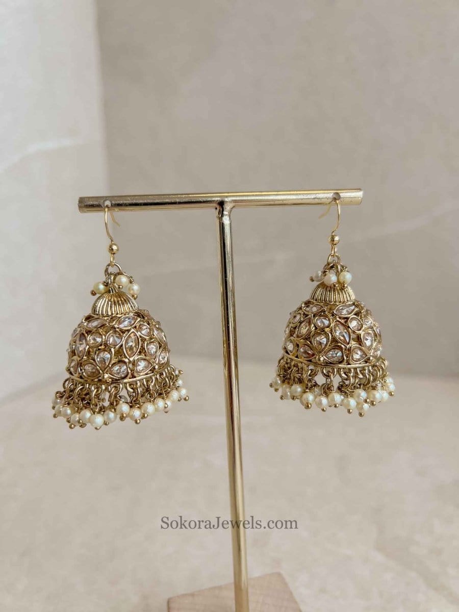 Medium Crystal Jhumkas - Golden - SOKORA JEWELSMedium Crystal Jhumkas - Golden