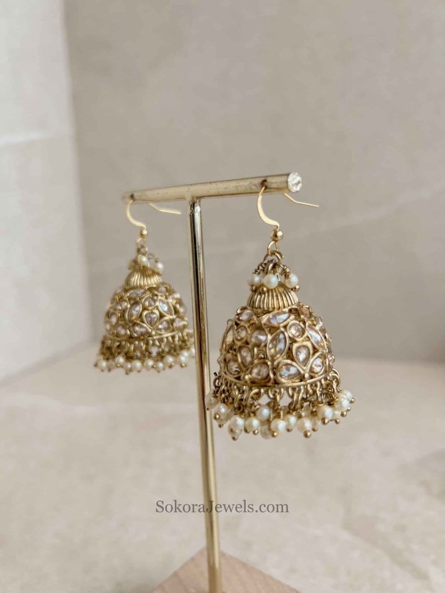 Medium Crystal Jhumkas - Golden - SOKORA JEWELSMedium Crystal Jhumkas - Golden
