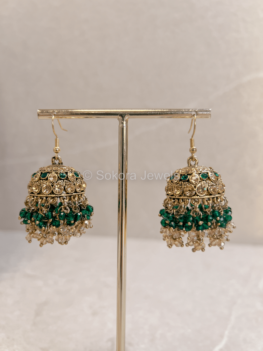 Medium Crystal Jhumkas - Green - SOKORA JEWELSMedium Crystal Jhumkas - Green