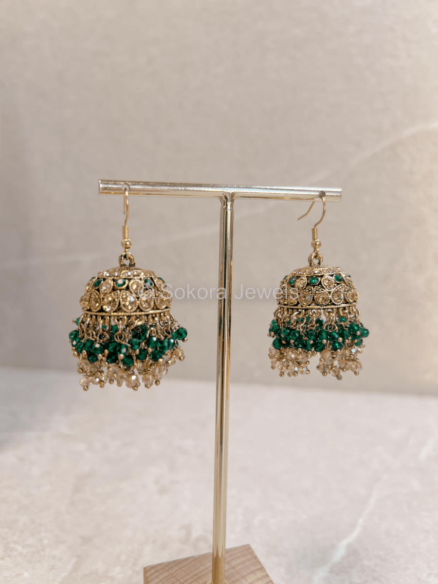 Medium Crystal Jhumkas - Green - SOKORA JEWELSMedium Crystal Jhumkas - Green