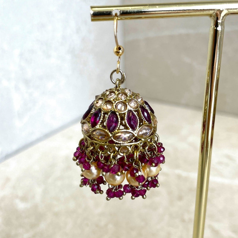 Medium Crystal Jhumkas - Purple - SOKORA JEWELSMedium Crystal Jhumkas - Purple