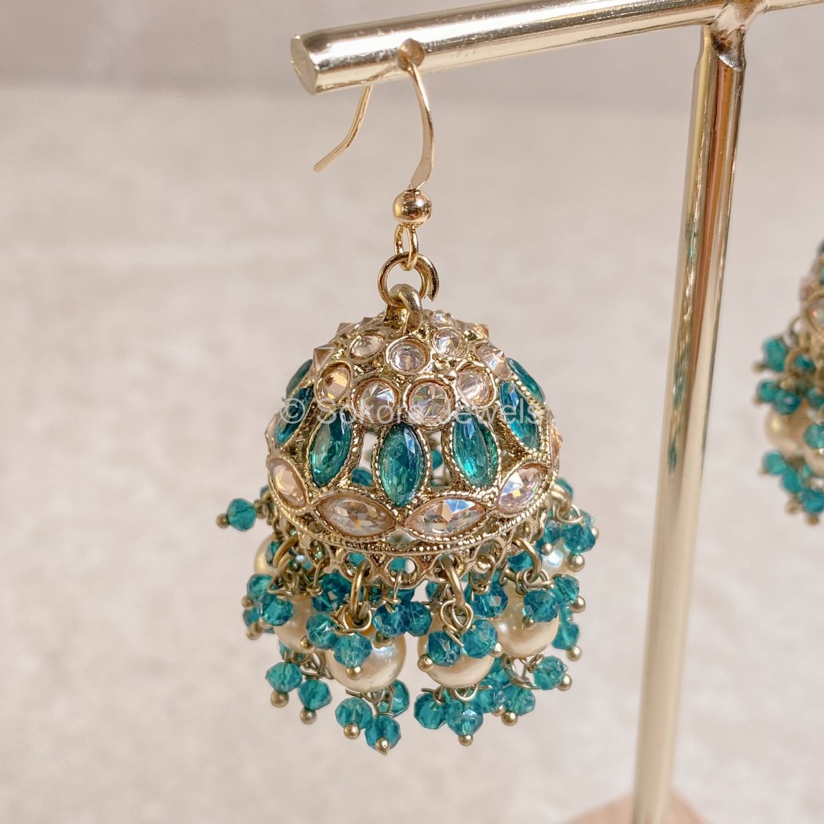 Medium Crystal Jhumkas - Teal Green - SOKORA JEWELSMedium Crystal Jhumkas - Teal Green