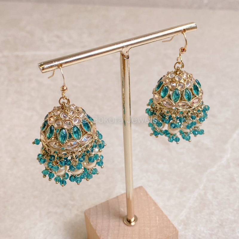 Medium Crystal Jhumkas - Teal Green - SOKORA JEWELSMedium Crystal Jhumkas - Teal Green