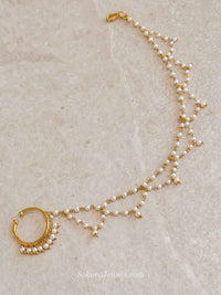 Medium Gold Nose Ring with Fancy Pearl chain - SOKORA JEWELSMedium Gold Nose Ring with Fancy Pearl chain