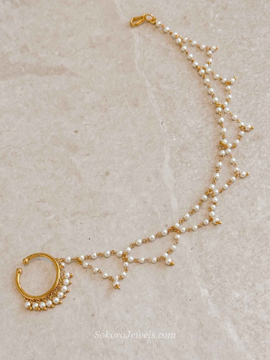 Medium Gold Nose Ring with Fancy Pearl chain - SOKORA JEWELSMedium Gold Nose Ring with Fancy Pearl chain