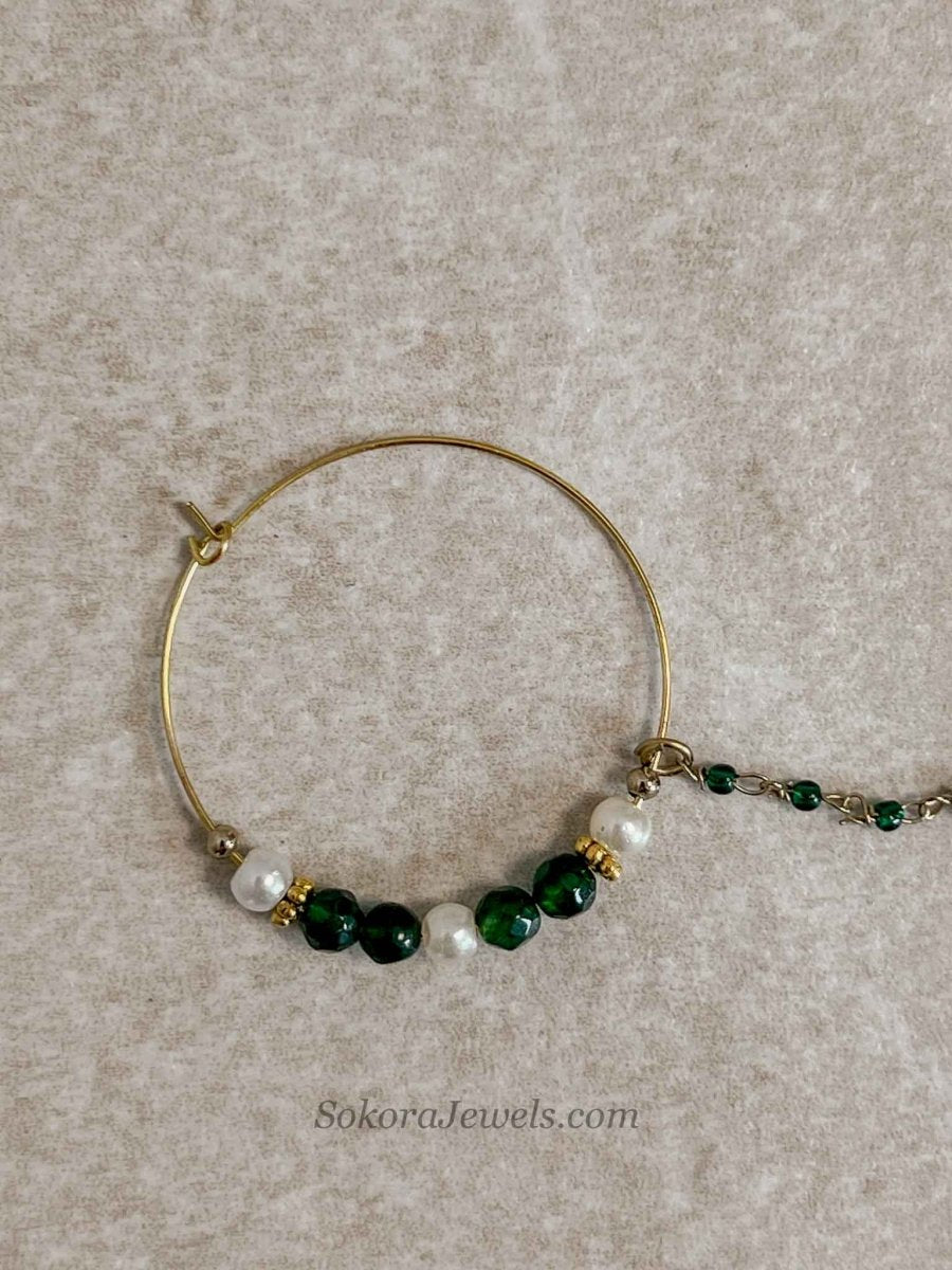 Medium Green Beaded Bridal Nose Ring (Nath) with Chain - SOKORA JEWELSMedium Green Beaded Bridal Nose Ring (Nath) with Chainnose rings