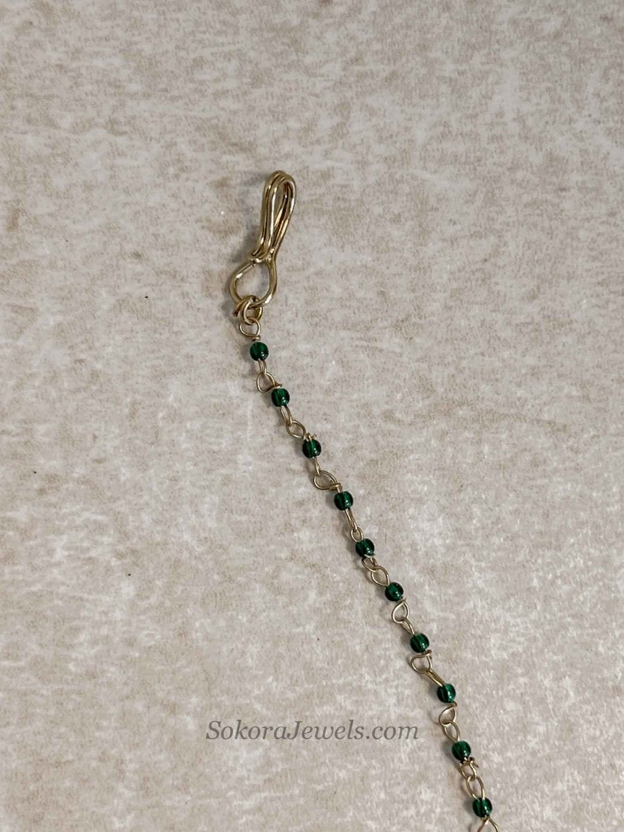 Medium Green Beaded Bridal Nose Ring (Nath) with Chain - SOKORA JEWELSMedium Green Beaded Bridal Nose Ring (Nath) with Chainnose rings