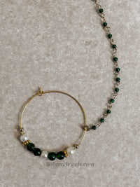 Medium Green Beaded Bridal Nose Ring (Nath) with Chain - SOKORA JEWELSMedium Green Beaded Bridal Nose Ring (Nath) with Chainnose rings