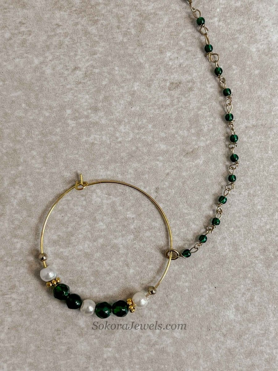 Medium Green Beaded Bridal Nose Ring (Nath) with Chain - SOKORA JEWELSMedium Green Beaded Bridal Nose Ring (Nath) with Chainnose rings