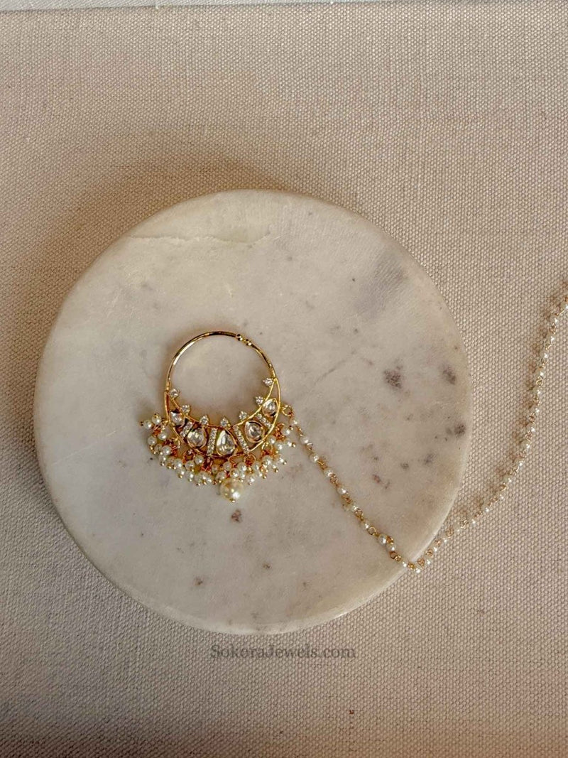 Medium Kundan & Diamante Nose Ring - Slide Type - SOKORA JEWELSMedium Kundan & Diamante Nose Ring - Slide Type