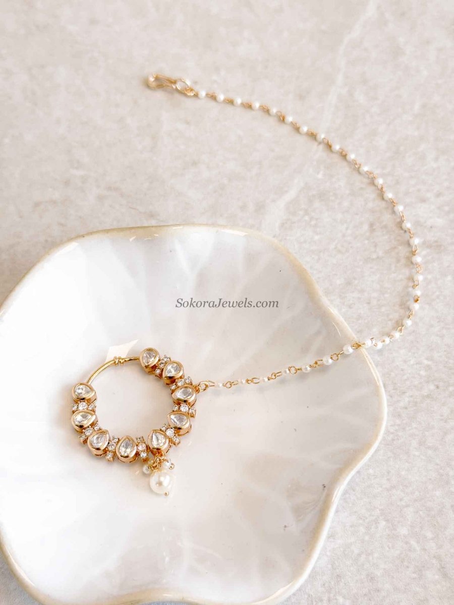 Medium Light Gold & Kundan Nose Ring - SOKORA JEWELSMedium Light Gold & Kundan Nose Ring