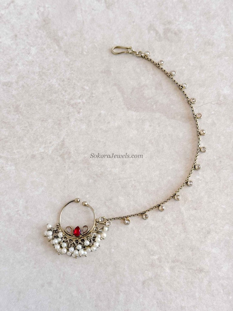 Medium Red Gem & Champagne Zircon Bridal Nose Ring - SOKORA JEWELSMedium Red Gem & Champagne Zircon Bridal Nose Ring