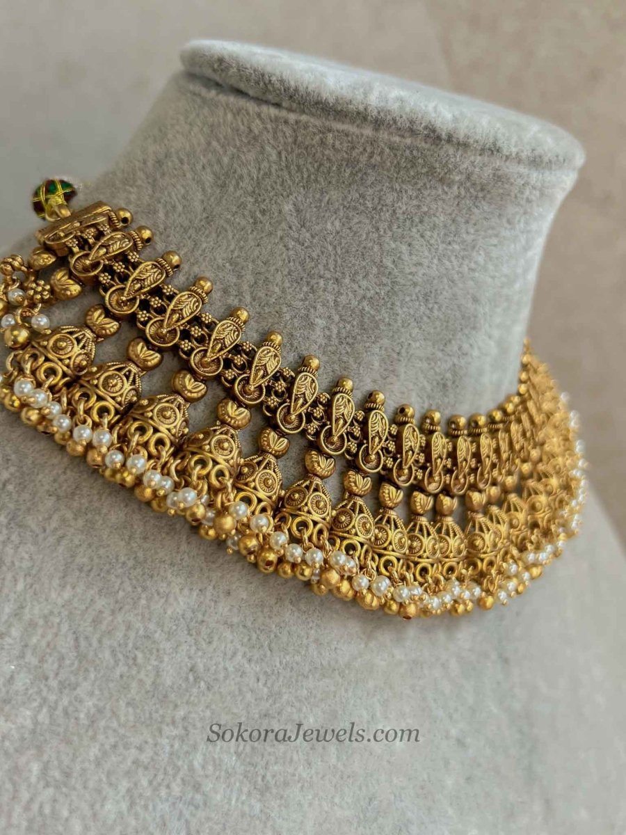 Meenakshi Matt Gold Jhumka Necklace Set - SOKORA JEWELSMeenakshi Matt Gold Jhumka Necklace SetNECKLACE SETS