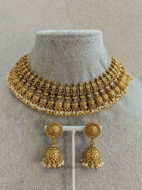 Meenakshi Matt Gold Jhumka Necklace Set - SOKORA JEWELSMeenakshi Matt Gold Jhumka Necklace SetNECKLACE SETS