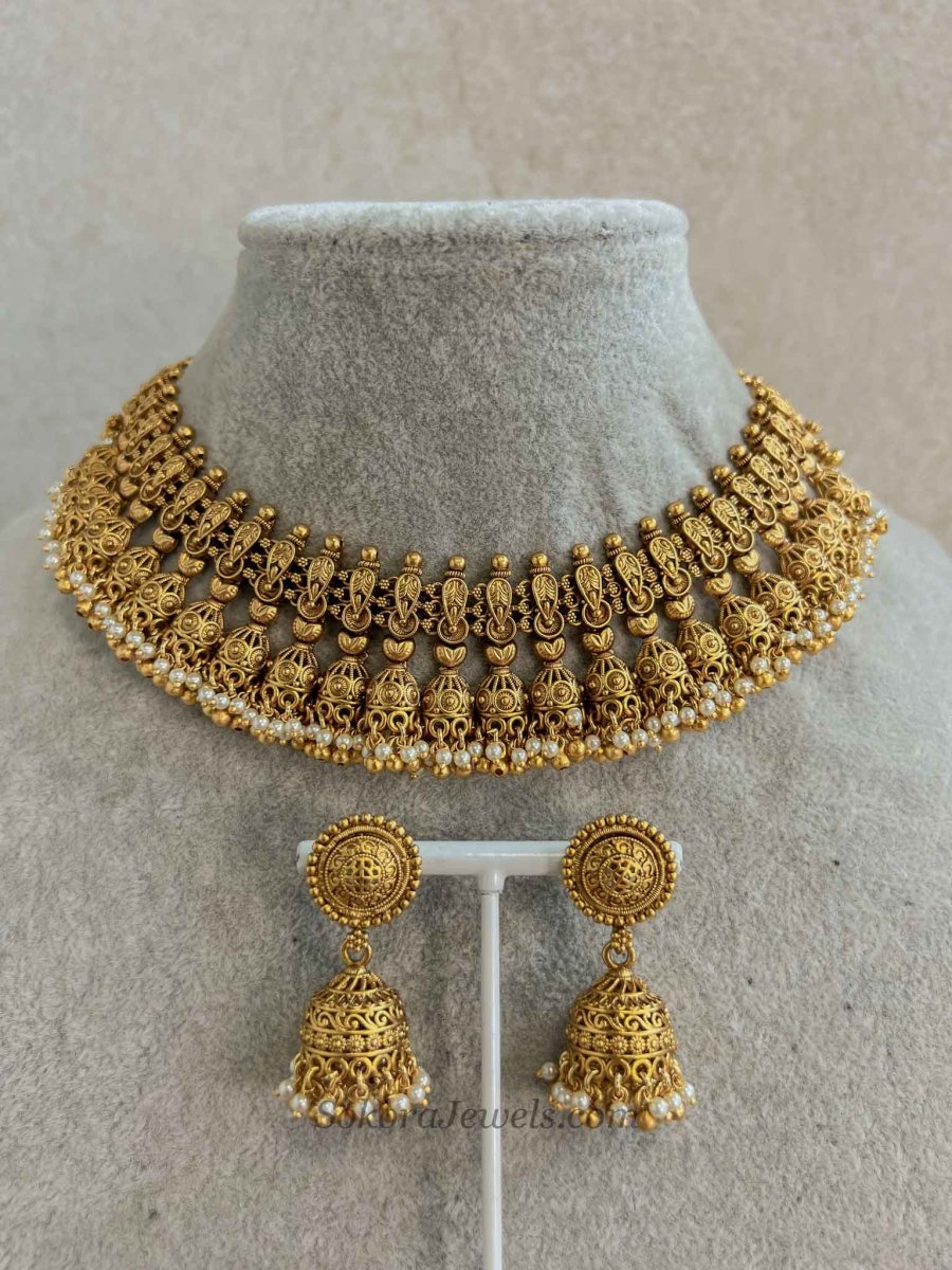Meenakshi Matt Gold Jhumka Necklace Set - SOKORA JEWELSMeenakshi Matt Gold Jhumka Necklace SetNECKLACE SETS