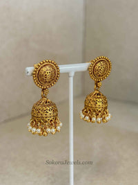 Meenakshi Matt Gold Jhumka Necklace Set - SOKORA JEWELSMeenakshi Matt Gold Jhumka Necklace SetNECKLACE SETS