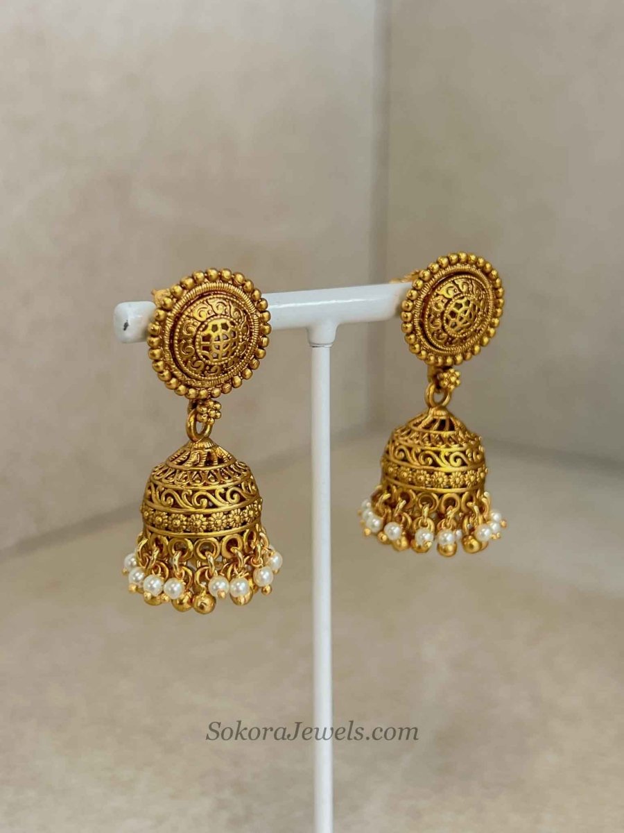 Meenakshi Matt Gold Jhumka Necklace Set - SOKORA JEWELSMeenakshi Matt Gold Jhumka Necklace SetNECKLACE SETS