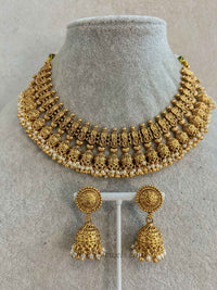 Meenakshi Matt Gold Jhumka Necklace Set - SOKORA JEWELSMeenakshi Matt Gold Jhumka Necklace SetNECKLACE SETS