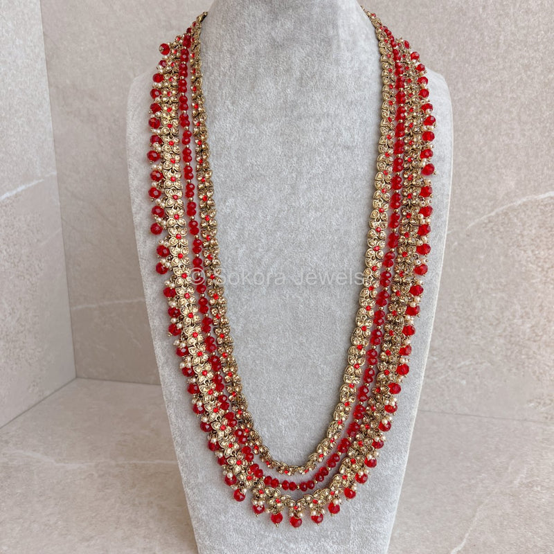 Meera Antique Gold Long Mala - RED - SOKORA JEWELSMeera Antique Gold Long Mala - RED