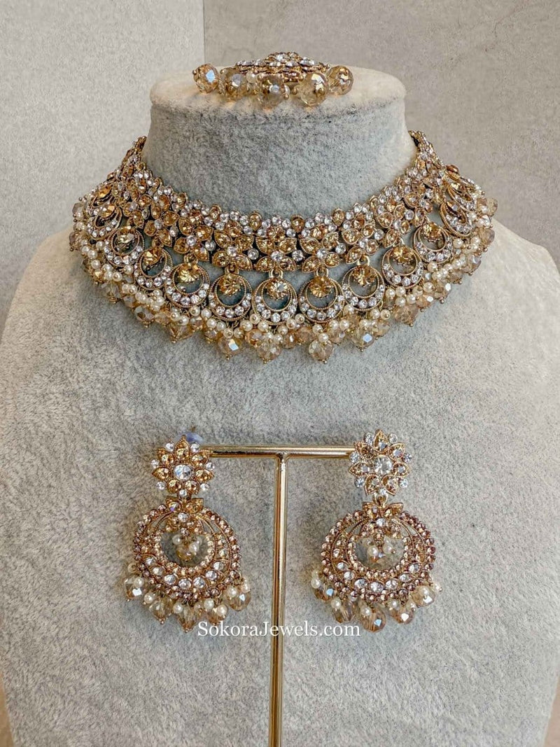 Meera Choker Set - Clear/Golden - SOKORA JEWELSMeera Choker Set - Clear/Golden
