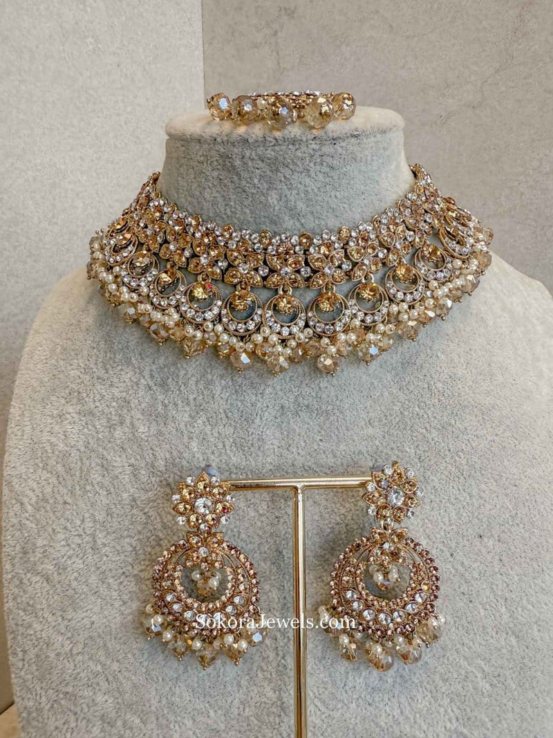 Meera Choker Set - Clear/Golden - SOKORA JEWELSMeera Choker Set - Clear/Golden