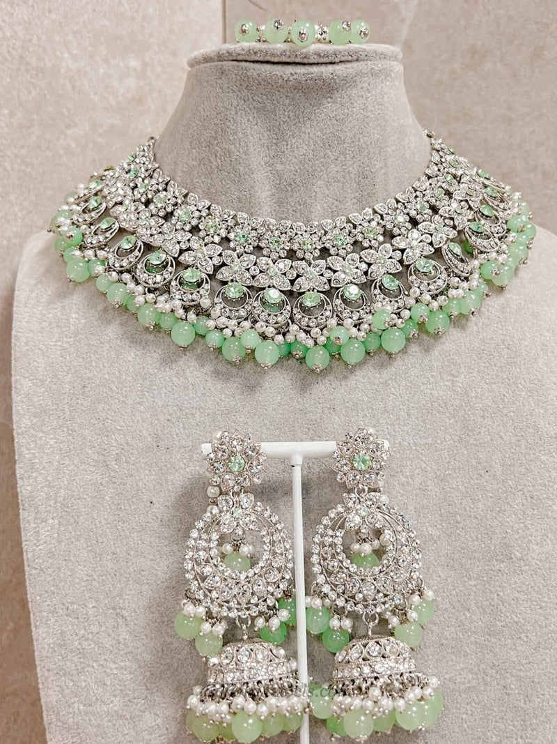 Meera Silver Necklace set - Mint - SOKORA JEWELSMeera Silver Necklace set - Mint