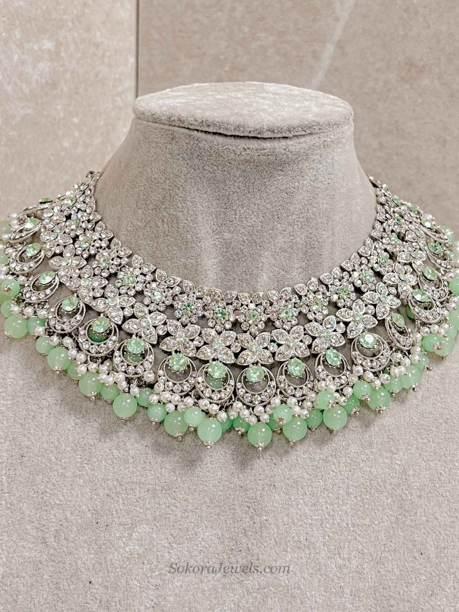 Meera Silver Necklace set - Mint - SOKORA JEWELSMeera Silver Necklace set - Mint