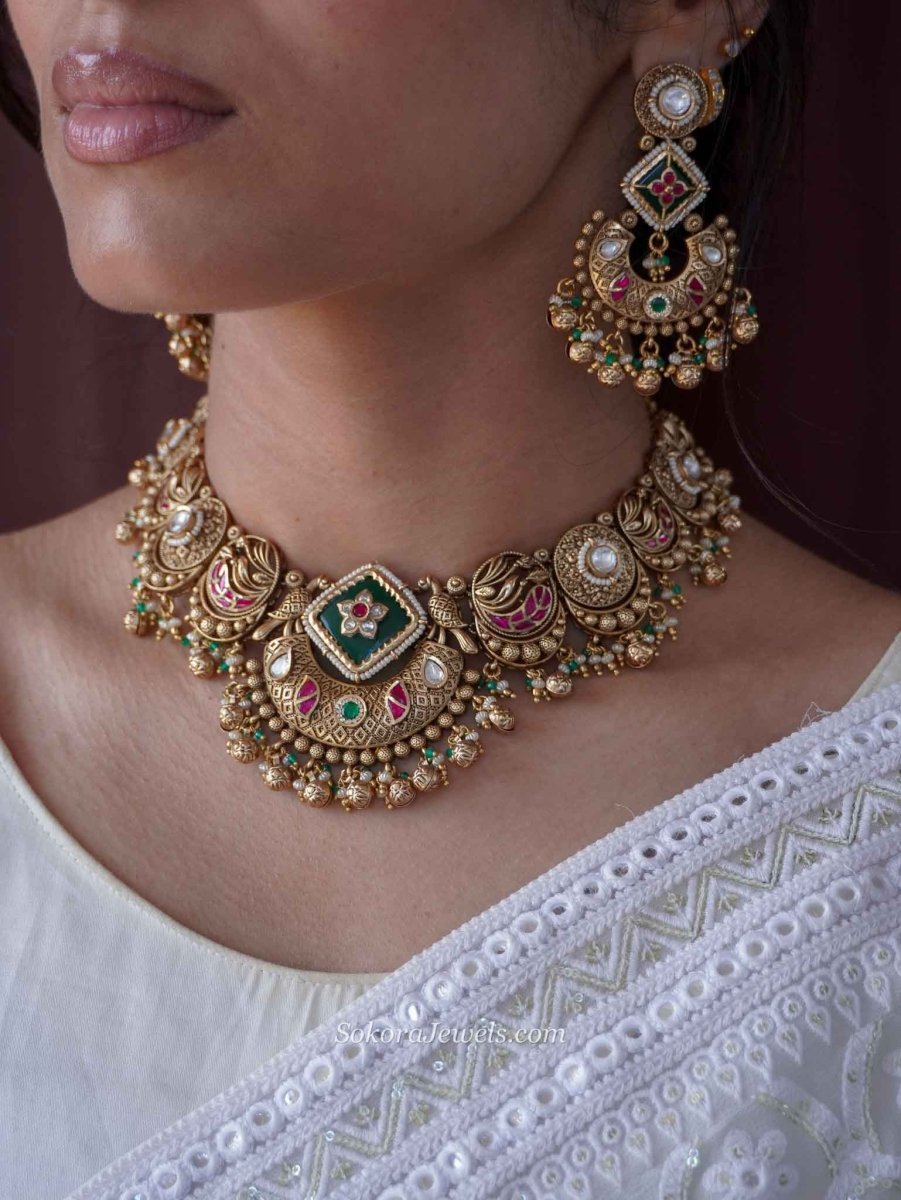 Mehak Emerald & Bird Motif Heritage Choker Set – Kundan & Ruby - SOKORA JEWELSMehak Emerald & Bird Motif Heritage Choker Set – Kundan & Ruby