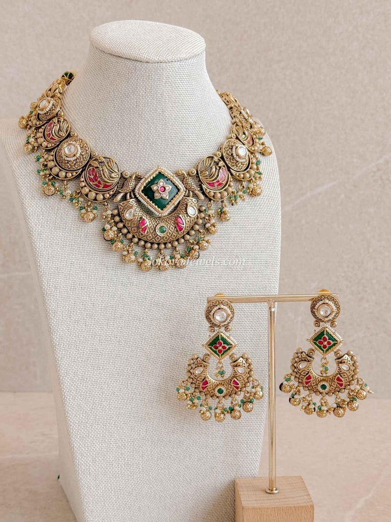 Mehak Emerald & Bird Motif Heritage Choker Set – Kundan & Ruby - SOKORA JEWELSMehak Emerald & Bird Motif Heritage Choker Set – Kundan & Ruby