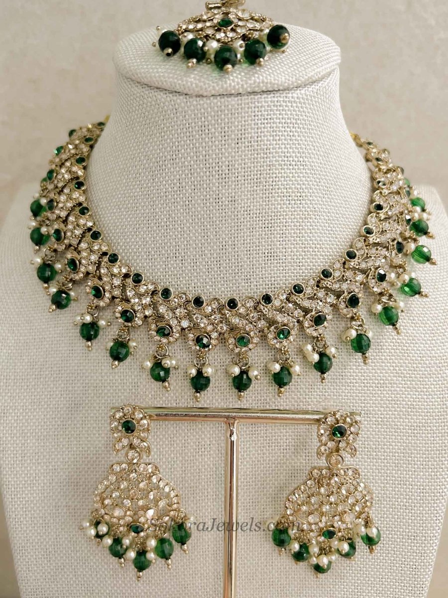 Mehak Golden Necklace sets- Green - SOKORA JEWELSMehak Golden Necklace sets- Green