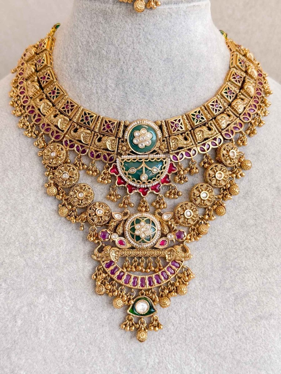 Mehira Antique Gold Temple Necklace Set - SOKORA JEWELSMehira Antique Gold Temple Necklace Set