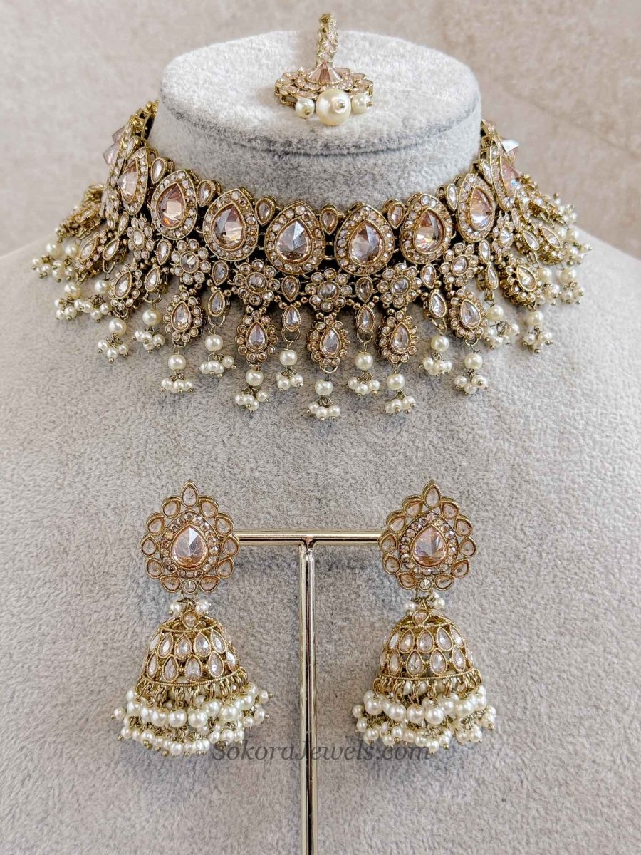 Mehnaaz Pearl Drop Choker Set - Champagne - SOKORA JEWELSMehnaaz Pearl Drop Choker Set - Champagne