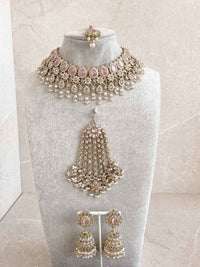 Mehnaaz Pearl Drop Necklace Set - Pink with Jhumar - SOKORA JEWELSMehnaaz Pearl Drop Necklace Set - Pink with Jhumar