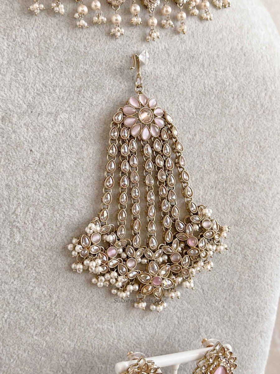 Mehnaaz Pearl Drop Necklace Set - Pink with Jhumar - SOKORA JEWELSMehnaaz Pearl Drop Necklace Set - Pink with Jhumar