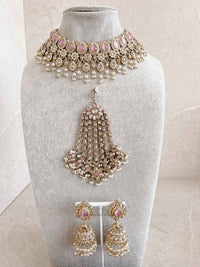 Mehnaaz Pearl Drop Necklace Set - Pink with Jhumar - SOKORA JEWELSMehnaaz Pearl Drop Necklace Set - Pink with Jhumar
