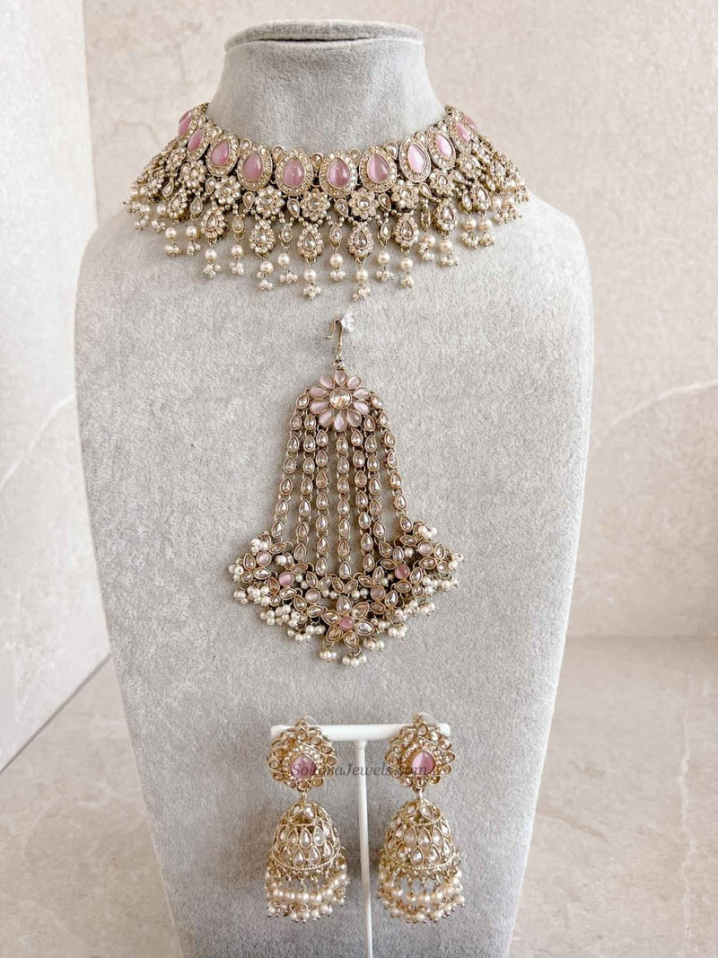 Mehnaaz Pearl Drop Necklace Set - Pink with Jhumar - SOKORA JEWELSMehnaaz Pearl Drop Necklace Set - Pink with Jhumar