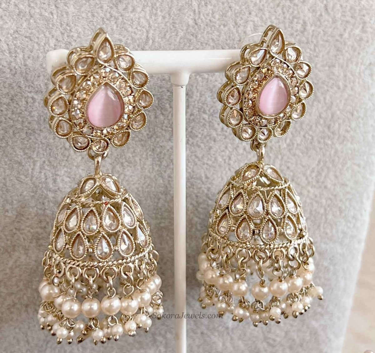 Mehnaaz Pearl Drop Necklace Set - Pink with Jhumar - SOKORA JEWELSMehnaaz Pearl Drop Necklace Set - Pink with Jhumar