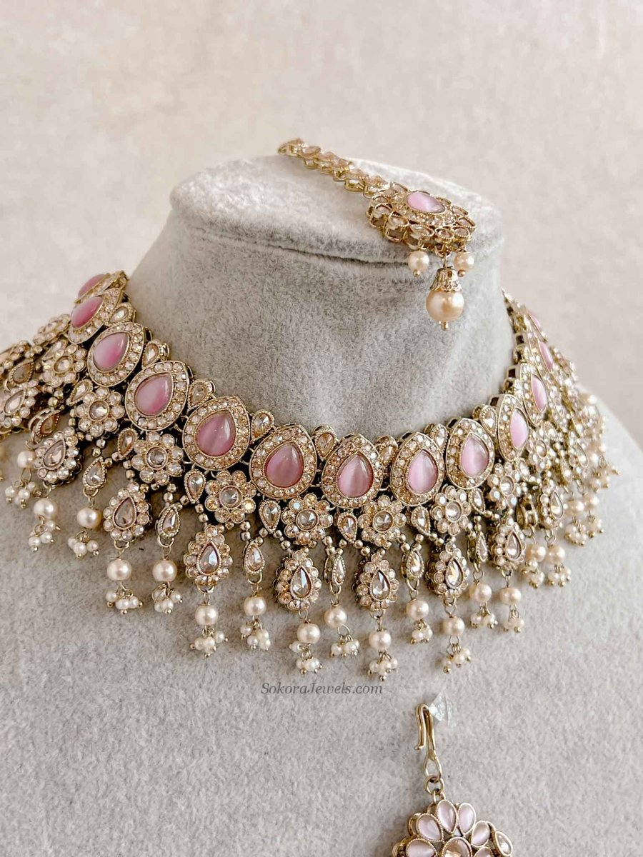 Mehnaaz Pearl Drop Necklace Set - Pink with Jhumar - SOKORA JEWELSMehnaaz Pearl Drop Necklace Set - Pink with Jhumar