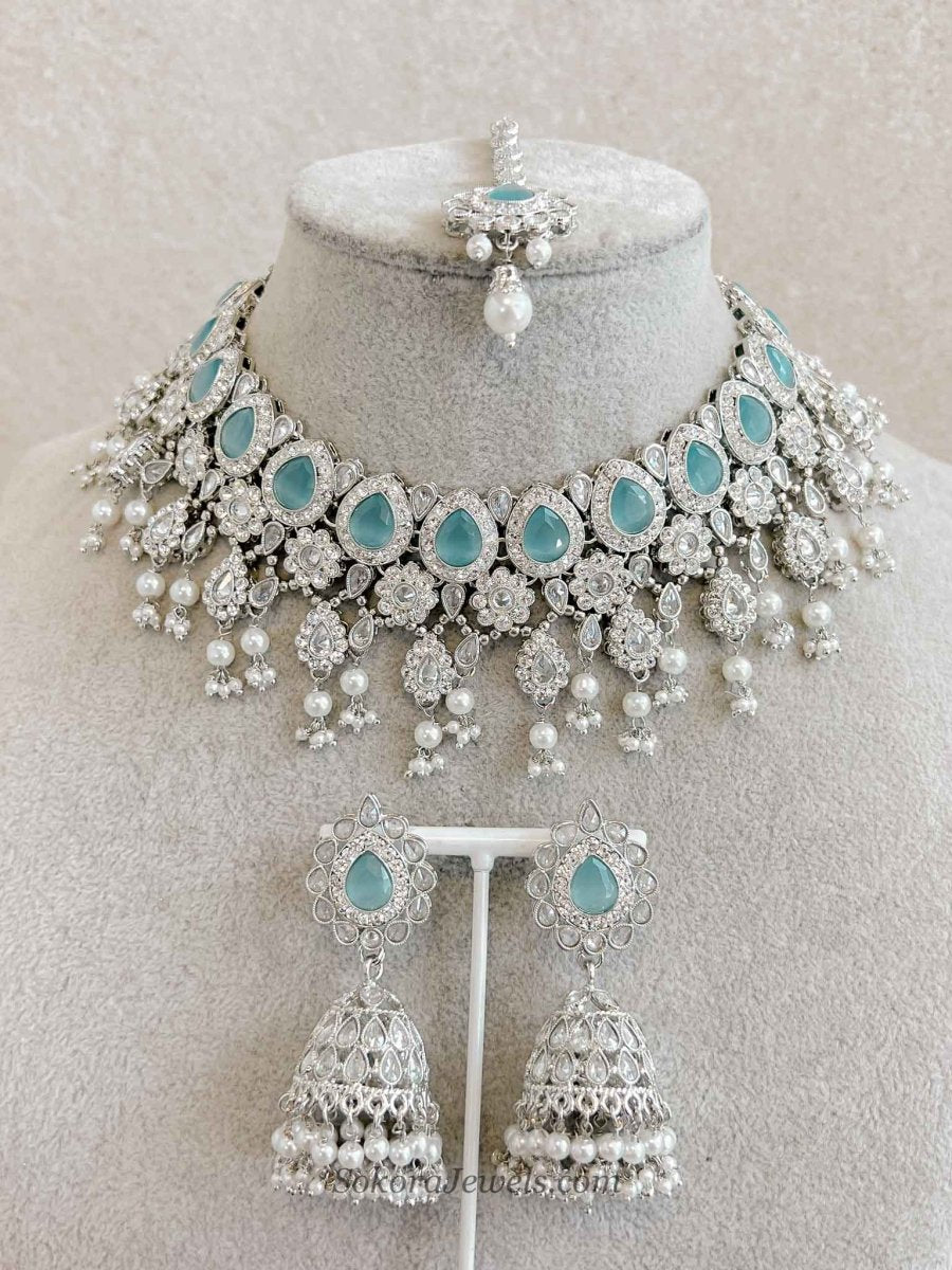 Mehnaaz Silver & Blue Necklace Set - SOKORA JEWELSMehnaaz Silver & Blue Necklace Set