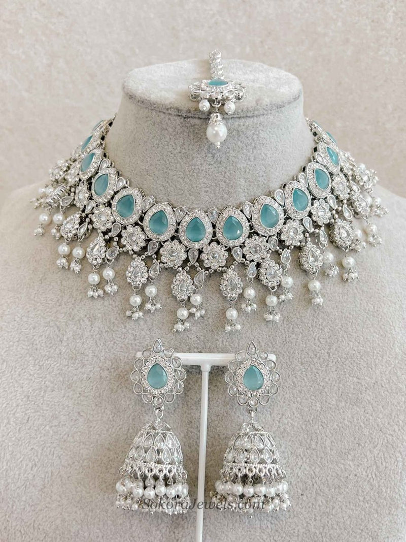 Mehnaaz Silver & Blue Necklace Set - SOKORA JEWELSMehnaaz Silver & Blue Necklace Set