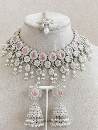 Mehnaaz Silver & Pink Necklace Set - SOKORA JEWELSMehnaaz Silver & Pink Necklace Set