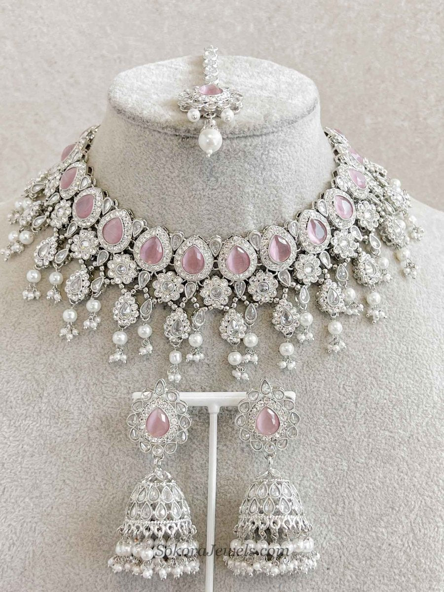 Mehnaaz Silver & Pink Necklace Set - SOKORA JEWELSMehnaaz Silver & Pink Necklace Set