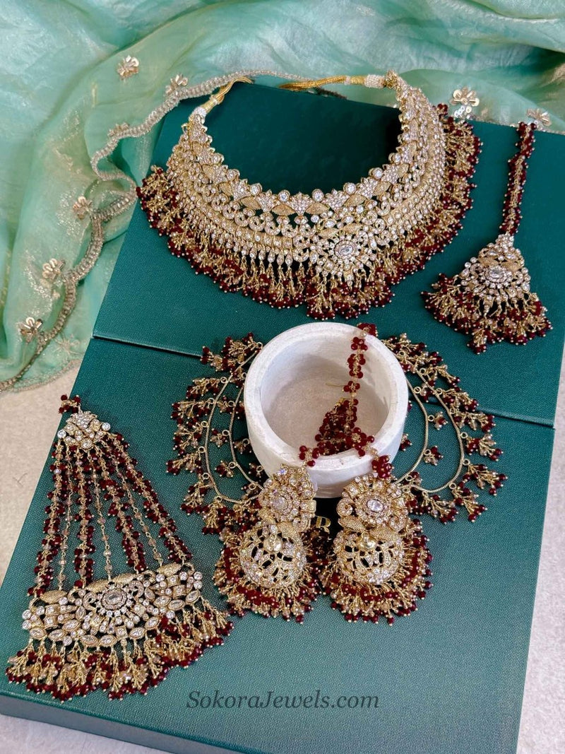 Mehrunisa Gold plated Bridal Choker set - Maroon - SOKORA JEWELSMehrunisa Gold plated Bridal Choker set - Maroon